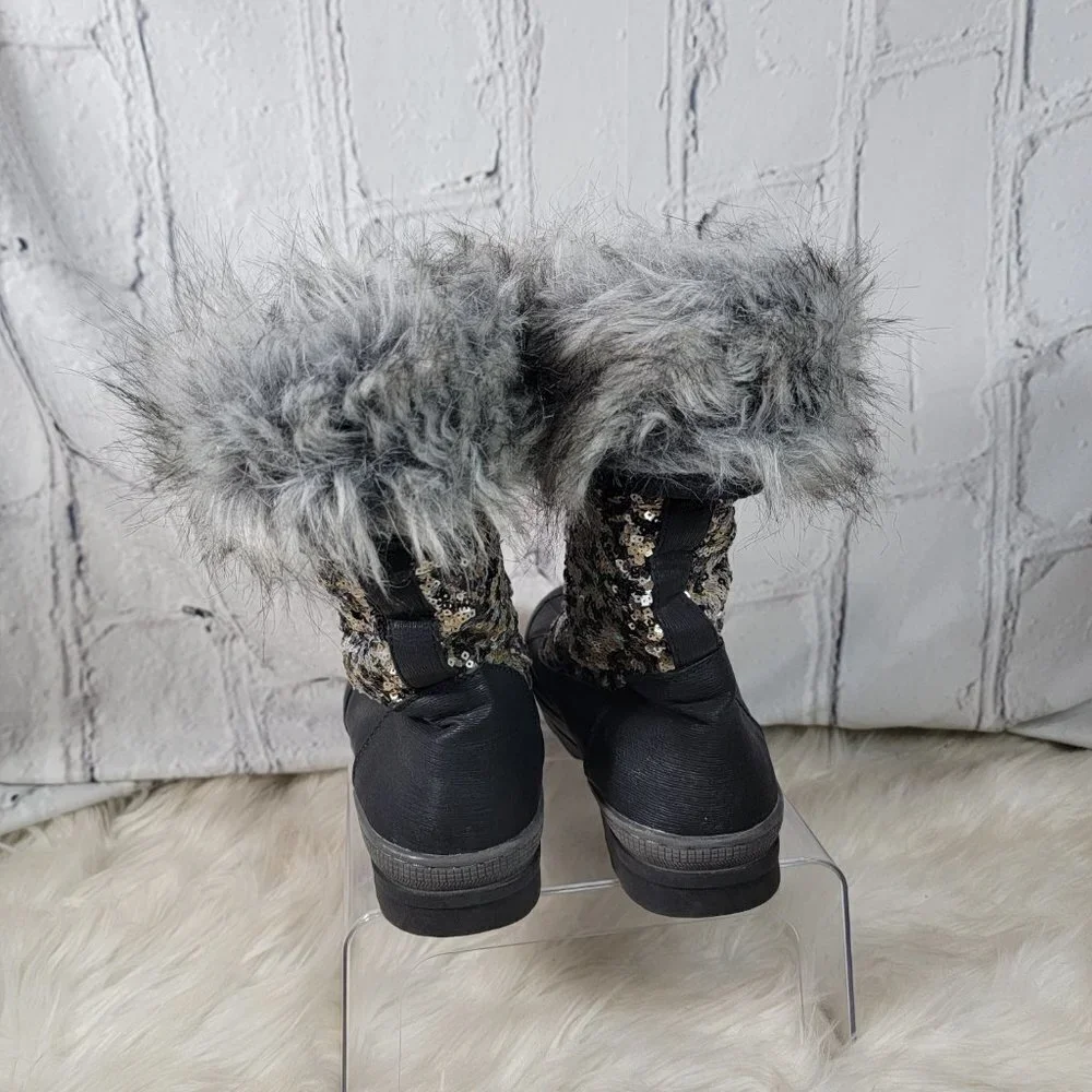 Justice Womens Sz 9 Sequin Snow Boots Faux Fur Vegan Winter Black Casual‎